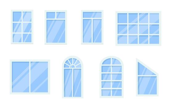 Set of windows with various types frames and glass isolated on white background. vector