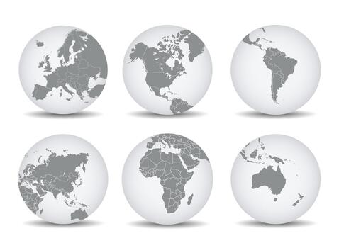 Earth globe map. Set of six continents isolated on white background. Realistic world map in globe shape. Abstract 3d globe icon. vector