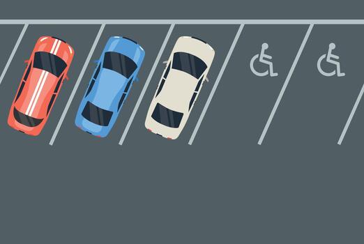 Top view of car vehicle in parking. Parking in city. Parking zone with place for disable. Parking lot with many cars top view. vector