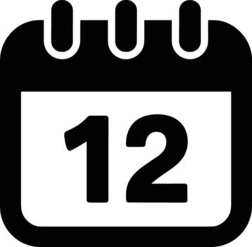 Black calendar icon with number 12 date twelve vector