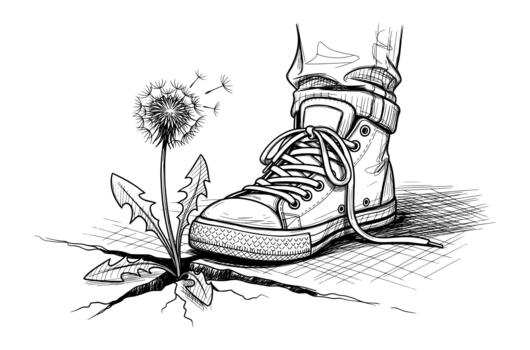 Sneaker and Dandelion in Hand-Drawn Sketch Style. vector