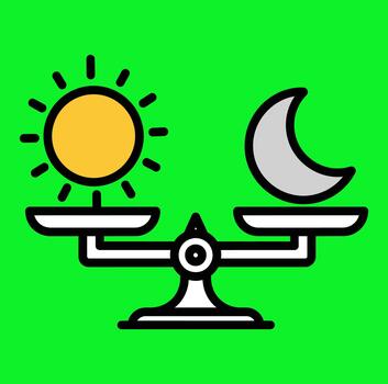 Balancing Act Sun and Moon in Equilibrium on Scales Against Green Background vector