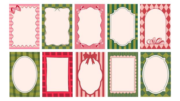 Christmas frames with bows and patterns. Retro design for menus, cards, invitations in green, red and pink colors vector