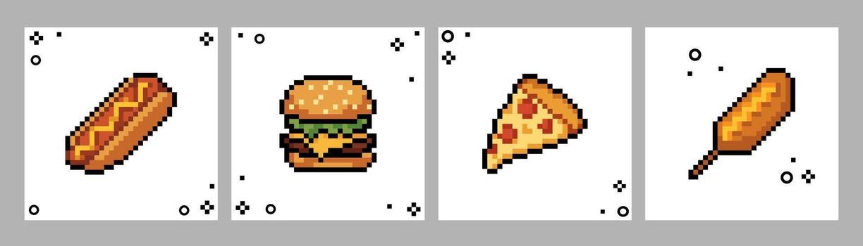 Set of pixel art fast food icons including hotdog, burger, pizza slice, and corn dog in retro 8 bit style for game design, cafe, menu, stickers, web graphics, digital art projects. illustration vector
