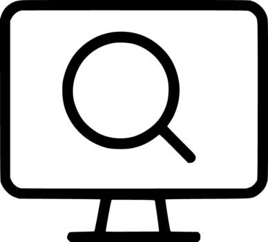 An outline icon showing a magnifying glass on a monitor, representing debugging, code analysis, online search, and digital investigation. vector