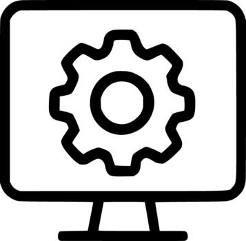 An outline icon showing a gear on a monitor screen, representing system settings, software maintenance, and operational configuration. vector