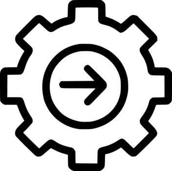 An outline icon showing a gear with a forward arrow, representing process flow, settings, next step, direction, and system progress. vector