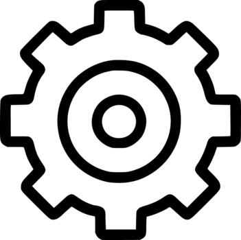 An outline icon representing a gear or cogwheel, symbolizing settings, machinery, technology, tools, and operational processes. vector