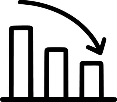 An outline icon showing a bar graph with a downward arrow, representing business decline, loss, negative market trend, or economic recession. vector