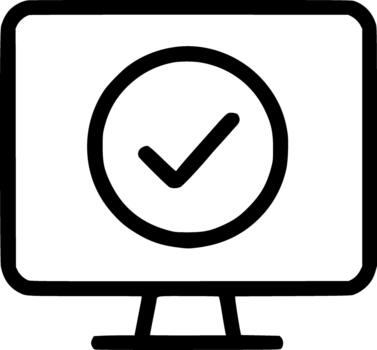 An outline icon showing a checkmark on a monitor screen, symbolizing task completion, successful resolution, and online confirmation. vector