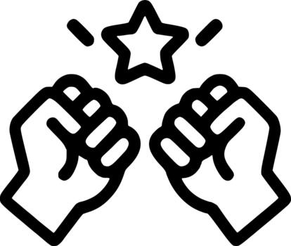 An outline icon representing raised fists and a star, symbolizing motivation, power, victory, and the achievement of success. vector