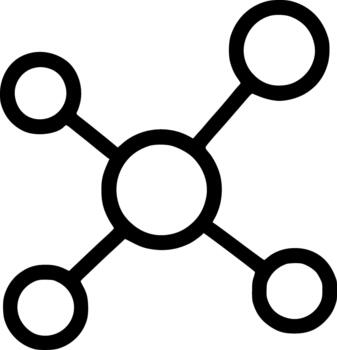 An outline icon representing a central hub connected to multiple nodes, symbolizing network, connection, and data sharing. vector