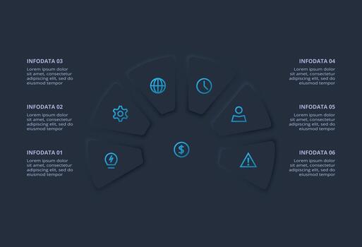 Neumorphic flowchart dark infographic with 6 steps vector