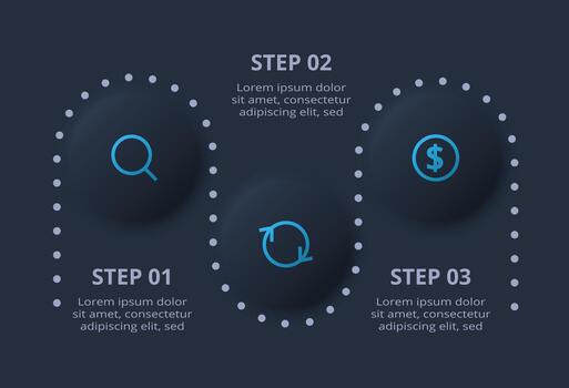 Neumorphic flowchart dark iinfographic. Creative concept for infographic with 3 steps vector