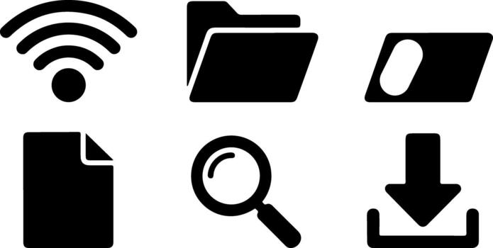 Set of internet icons representing connectivity file management search and download in minimal black and white design vector