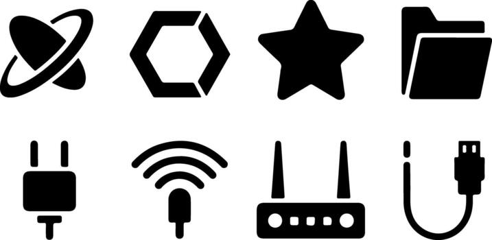 Set of web or app icons with planet hexagon star folder electric plug wifi router and usb data cable connection symbols vector