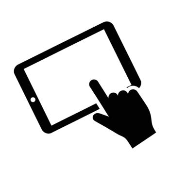 un negro y blanco icono representando un mano conmovedor un tableta pantalla, aislado en un blanco antecedentes vector