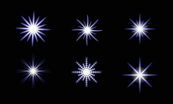 Collection of six glowing starbursts and light flares with sharp points and radiating beams, set against a stark black background, symbolizing energy and brilliance vector