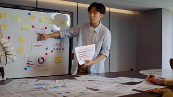 jovem homem de negocios conferência alto falante apaixonadamente explica o negócio projeto estratégia usando quadro branco, noivando uma diverso equipe dentro colaborativo debate dentro uma contemporâneo escritório ambiente. video