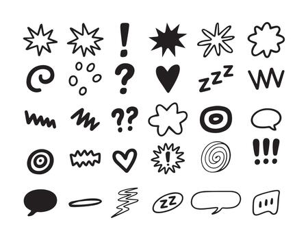 mano dibujado garabatear íconos y símbolos silueta haz con mensaje burbuja, pregunta marca, corazón forma vector