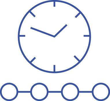 Simple blue line icon of a clock face above a connected series of circles representing a timeline or progress vector