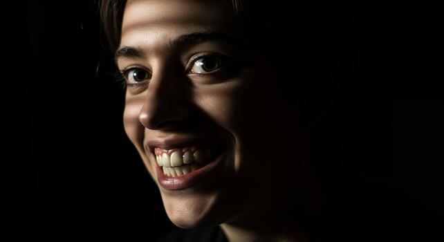 Dramatic close-up portrait of a person with an unsettling creepy smile, captured with harsh side lighting to emphasize eerie atmosphere and deep shadows photo