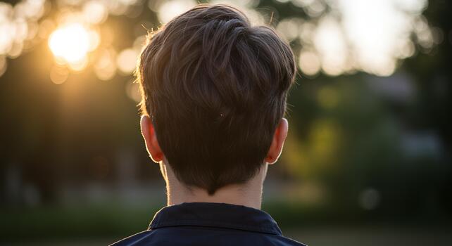 Professional portrait photo showing the back view of a person with neatly trimmed short hair