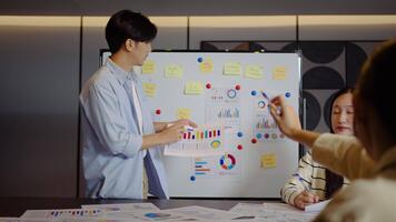 jovem homem de negocios conferência alto falante apaixonadamente explicar o negócio projeto estratégia usando uma quadro branco, noivando uma diverso equipe dentro colaborativo debate dentro uma contemporâneo escritório meio Ambiente video
