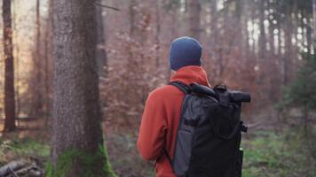 utomhus- kartläggning i vandra. man vandrare användningar smartphone till navigera i skog använder sig av ett Ansökan och digital Kartor. rutt för vandring i smart telefon. resande guider i trän förbi gps. resa och utforska. video