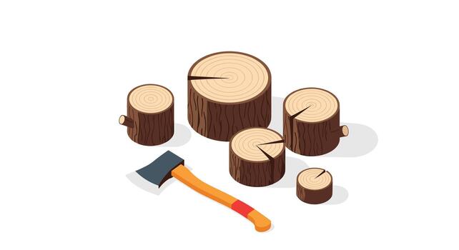 Logs with an axe and tree stumps vector