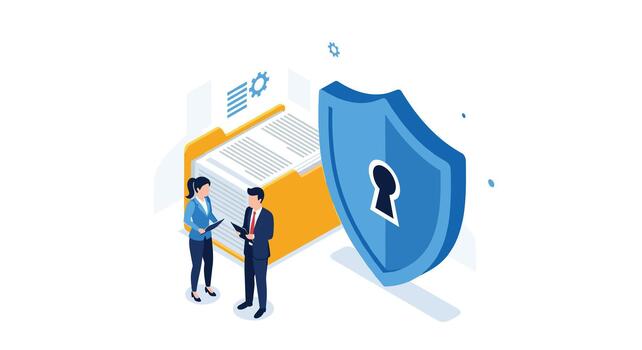 Two people standing next to a file folder with a shield vector