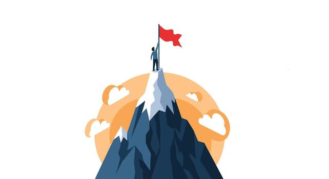 A man stands on top of a mountain with a red flag vector