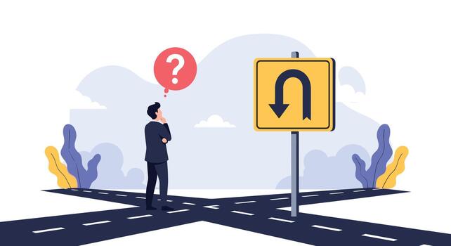 Man standing on crossroads with question mark vector