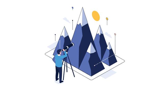 A man is looking at a mountain range with a camera vector