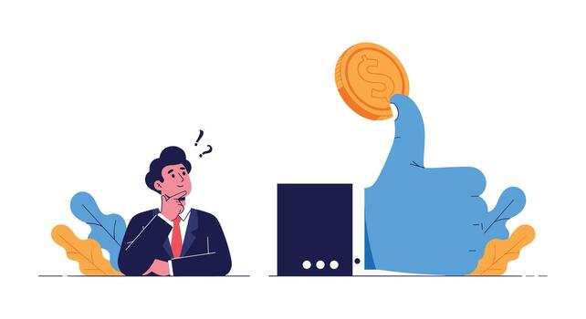 A man is holding a coin and pointing at a computer vector