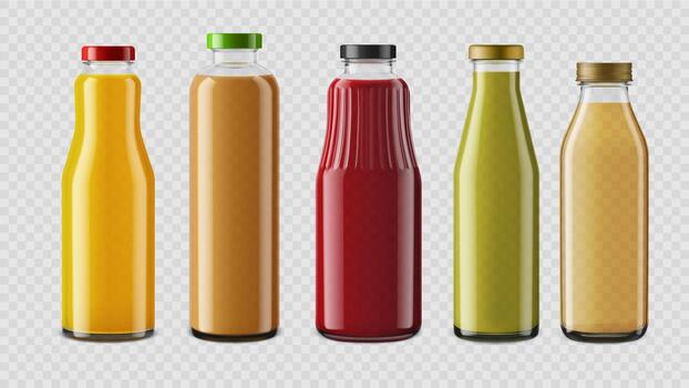 Colorful juice bottles in various flavors vector