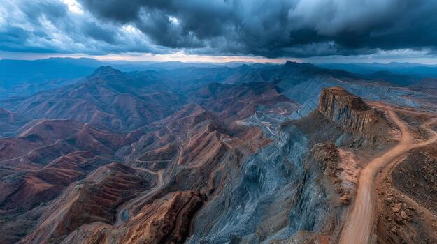 Dramatic Aerial View of a Massive Open-Pit Mine in a Mountainous Landscape Under a Stormy Sky photo
