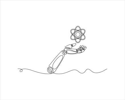 Robot hand holding atom symbol continuous line drawing vector