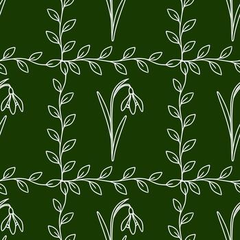 Seamless pattern featuring delicate white outlines of snowdrops and leafy branches against a deep forest green background, evoking a serene spring botanical theme. vector