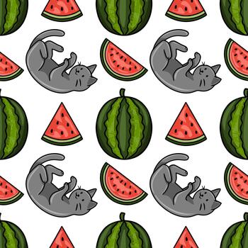 Seamless pattern featuring playful gray kittens and juicy watermelon slices in a vibrant, summery design. vector