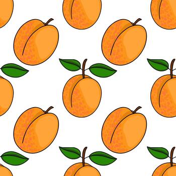 A cheerful pattern featuring ripe apricots with green leaves and a textured surface, perfect for a fresh and fruity background. vector