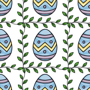 Seamless pattern featuring stylized blue Easter eggs adorned with chevron and dot motifs, intertwined with delicate green sprigs on a white background. vector