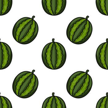Seamless pattern featuring stylized watermelons with vibrant green stripes and a textured pulp effect, arranged in a repeating diagonal grid against a clean white background. vector