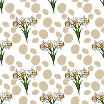 Seamless pattern featuring hand drawn daffodils and abstract beige organic shapes on a white background. vector