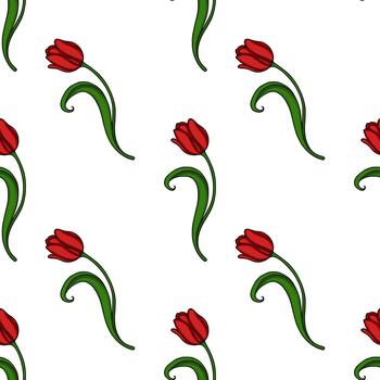 Seamless pattern of vibrant red tulips with green stems and leaves on a white background, featuring a stylized, repeating floral design. vector