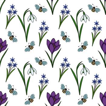 Charming seamless pattern featuring spring flowers like crocuses, snowdrops, and scillas, accompanied by playful bees, on a clean white background. vector