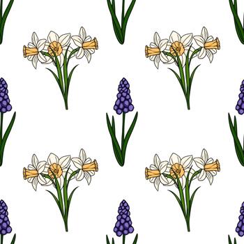Seamless pattern featuring delicate white daffodils and vibrant purple grape hyacinths arranged in a repeating floral motif with green stems on a clean white background. vector