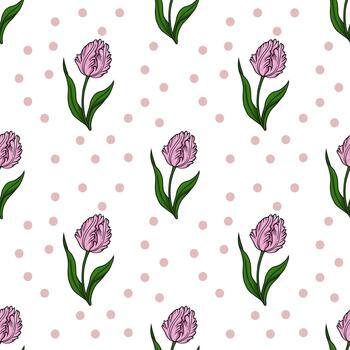 Delicate pink tulip and daffodil pattern with scattered blush polka dots on a white background, evoking a soft spring aesthetic. vector