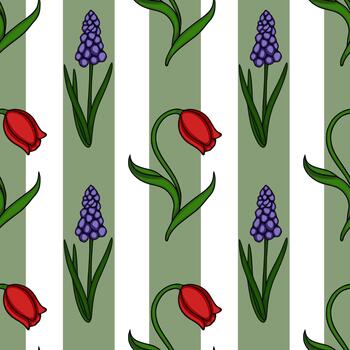 A charming seamless pattern featuring delicate red tulips and vibrant purple grape hyacinths against a background of alternating sage green and white vertical stripes, evoking a fresh spring... vector
