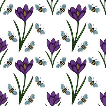 Seamless pattern featuring playful bees interacting with vibrant purple crocuses and delicate daffodils, set against a clean white background, evoking a cheerful spring ambiance. vector